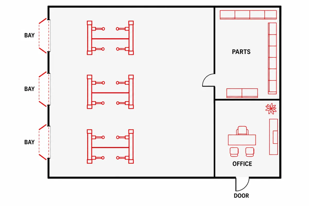 40x60 Metal Shop Layout Ideas: Lifts, Bays, Tools, and Storage 3 Top-down floor plan of a 40x60 metal shop showing service bays with lifts, a parts and office corner, and door placement