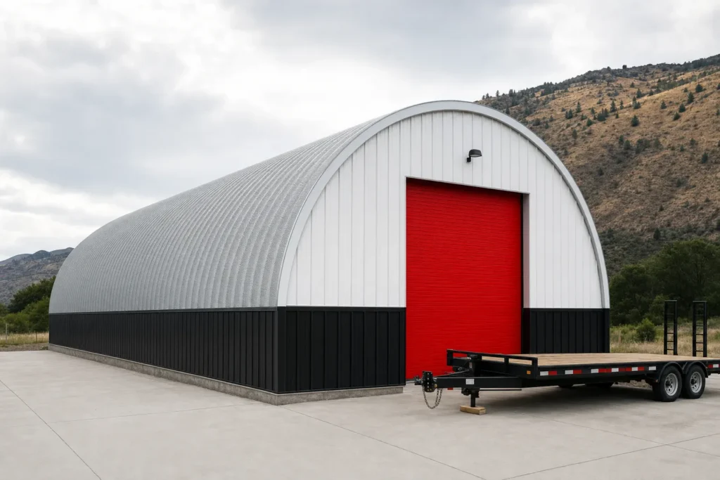 A wide 40x60 S-model quonset workshop with a white end wall, black wainscot, and red roll-up door