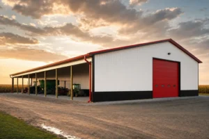 40x80 metal building with a sidewall lean-to and tall equipment door on a farm at golden hour