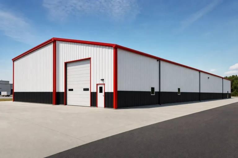 50x100 metal warehouse building viewed down its long sidewall in a small industrial park