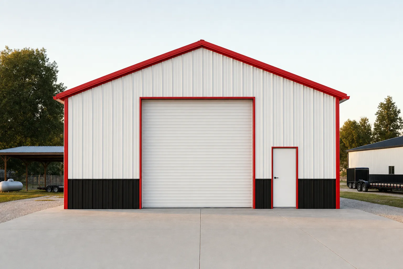 Square 50x50 metal building with a centered roll-up door, white panels, black wainscot, and red trim