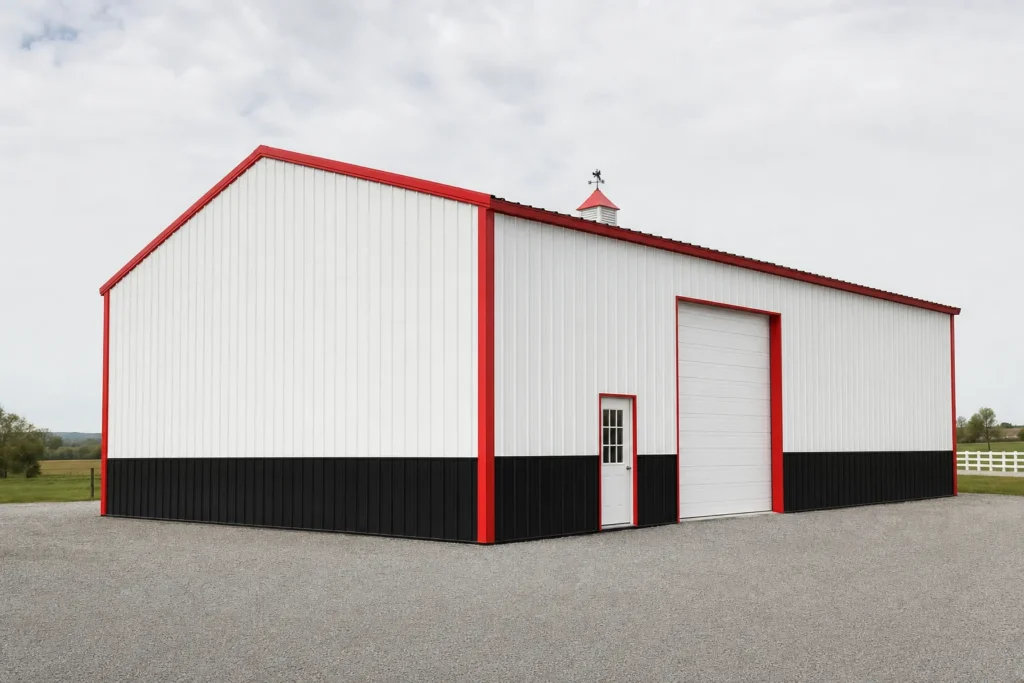 50x60 Metal Building Cost: Kit, Slab, Erection, and Options 21 50x60 metal building with white panels, black wainscot, and red trim beside a gravel drive
