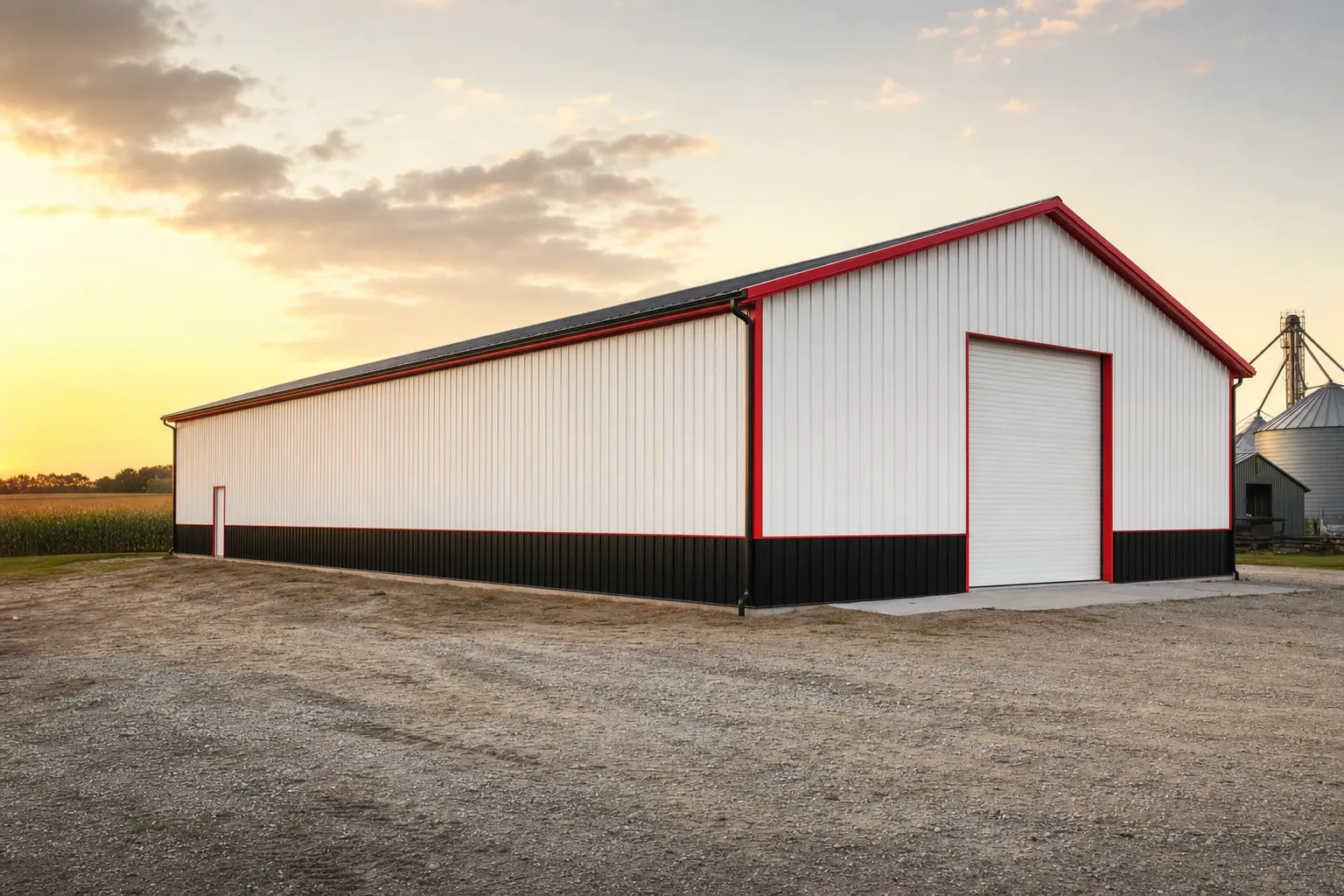 Long 50x80 metal building with a tall equipment door on a working farm at sunset