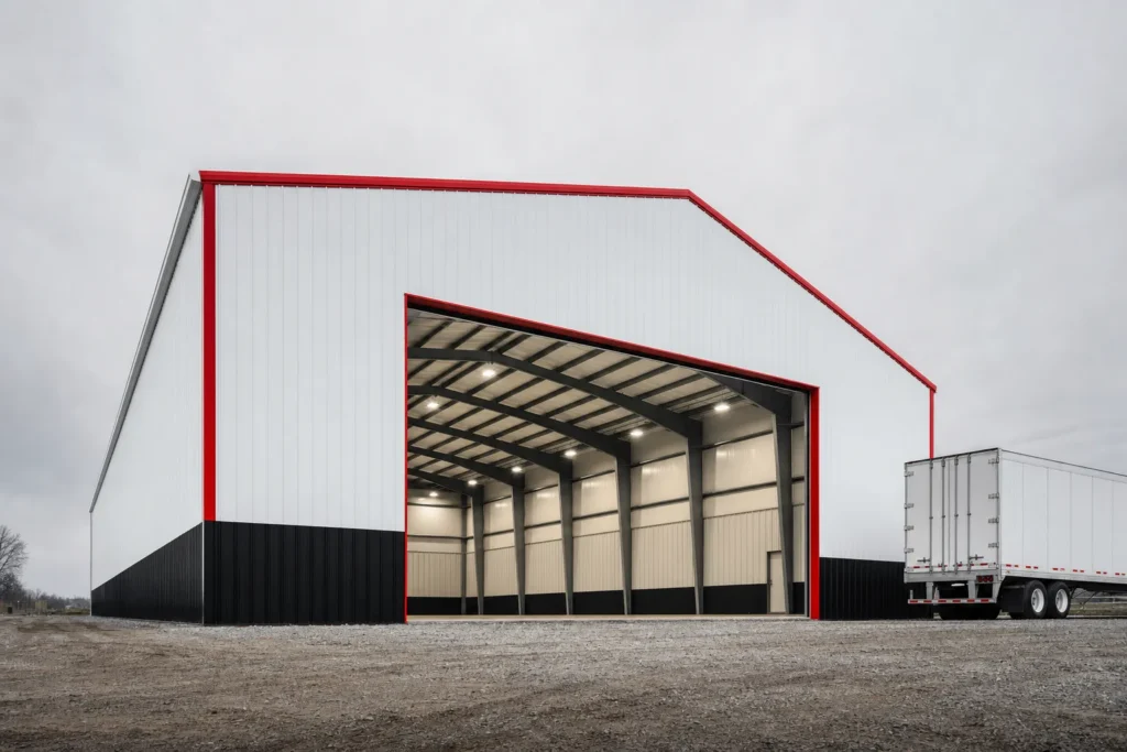 60x100 Metal Building Cost: Kit, Slab, Erection, and Options 12 Wide 60x100 clear-span metal building with an open equipment door and a semi trailer for scale