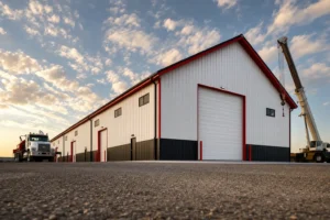 Massive 80x100 metal building shot from a low angle with a crane and flatbed truck for scale
