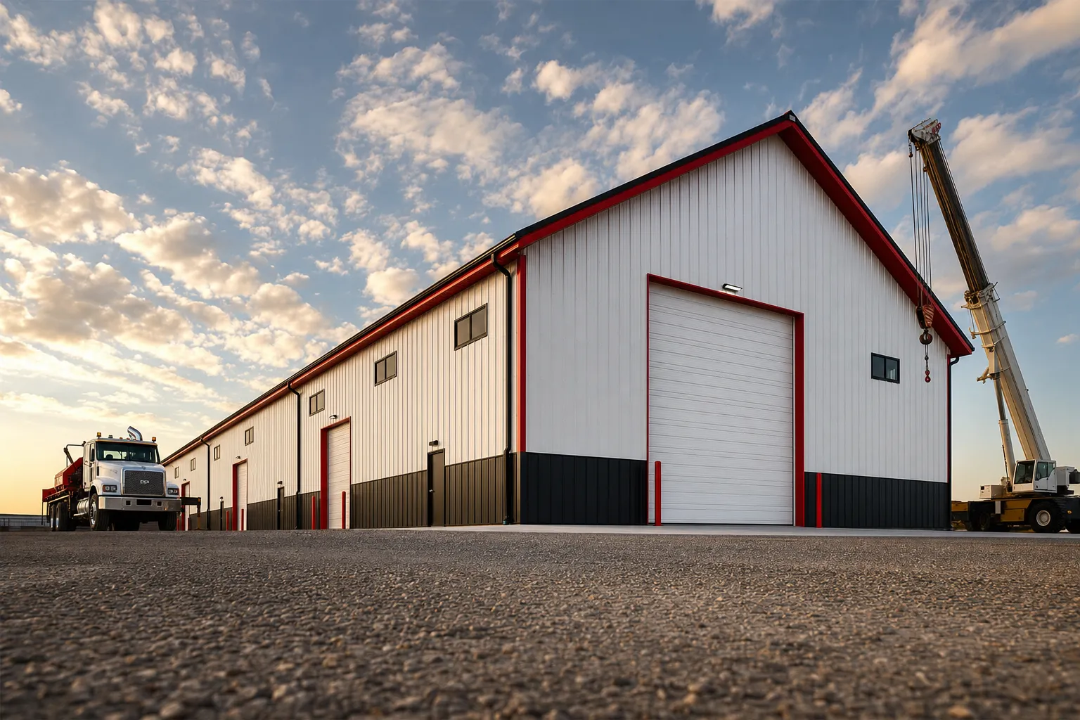 Massive 80x100 metal building shot from a low angle with a crane and flatbed truck for scale