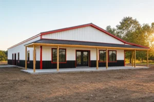 A barndominium steel shell at the dried-in stage with residential windows, porch framing, and red trim