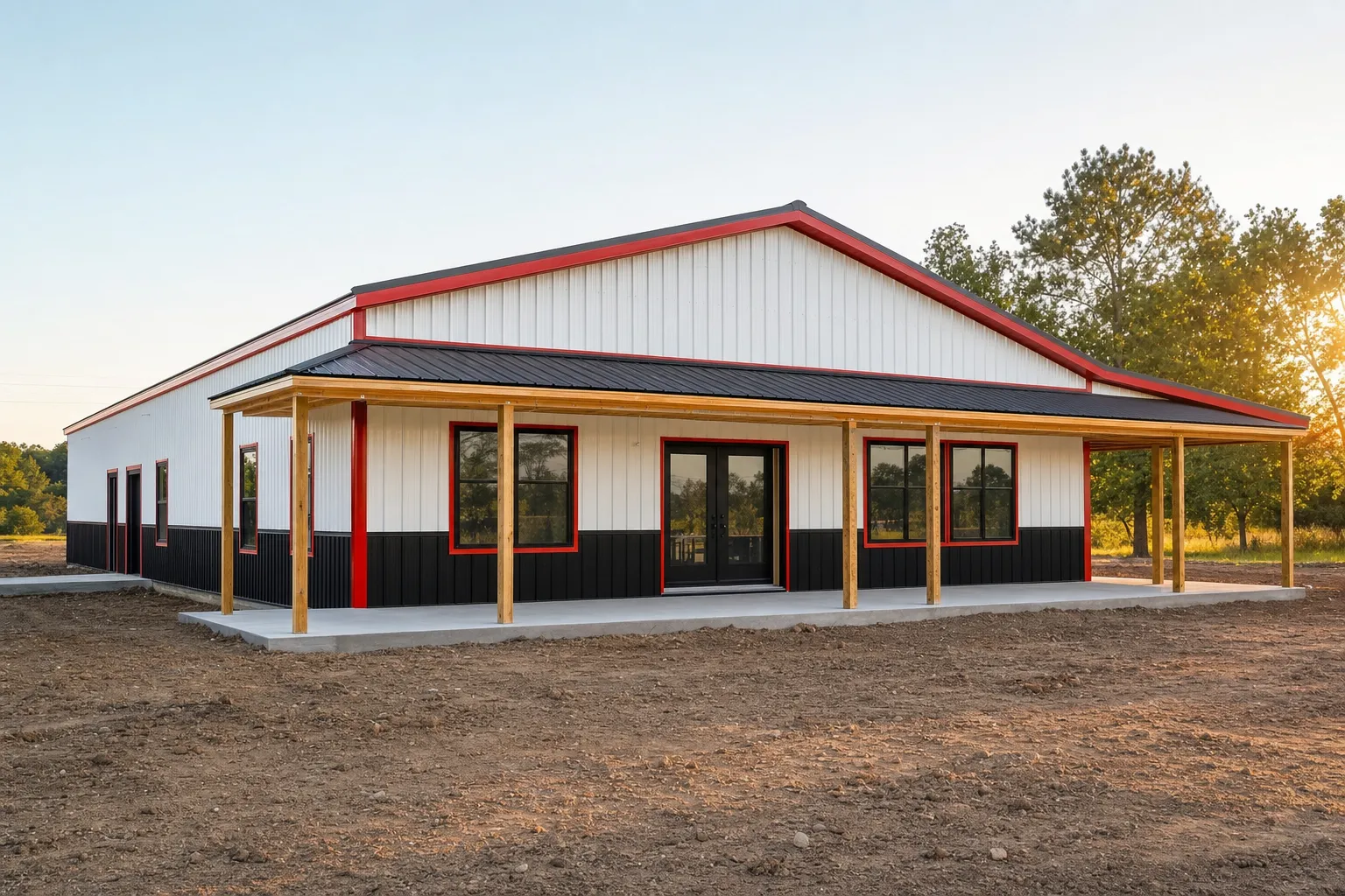 A barndominium steel shell at the dried-in stage with residential windows, porch framing, and red trim