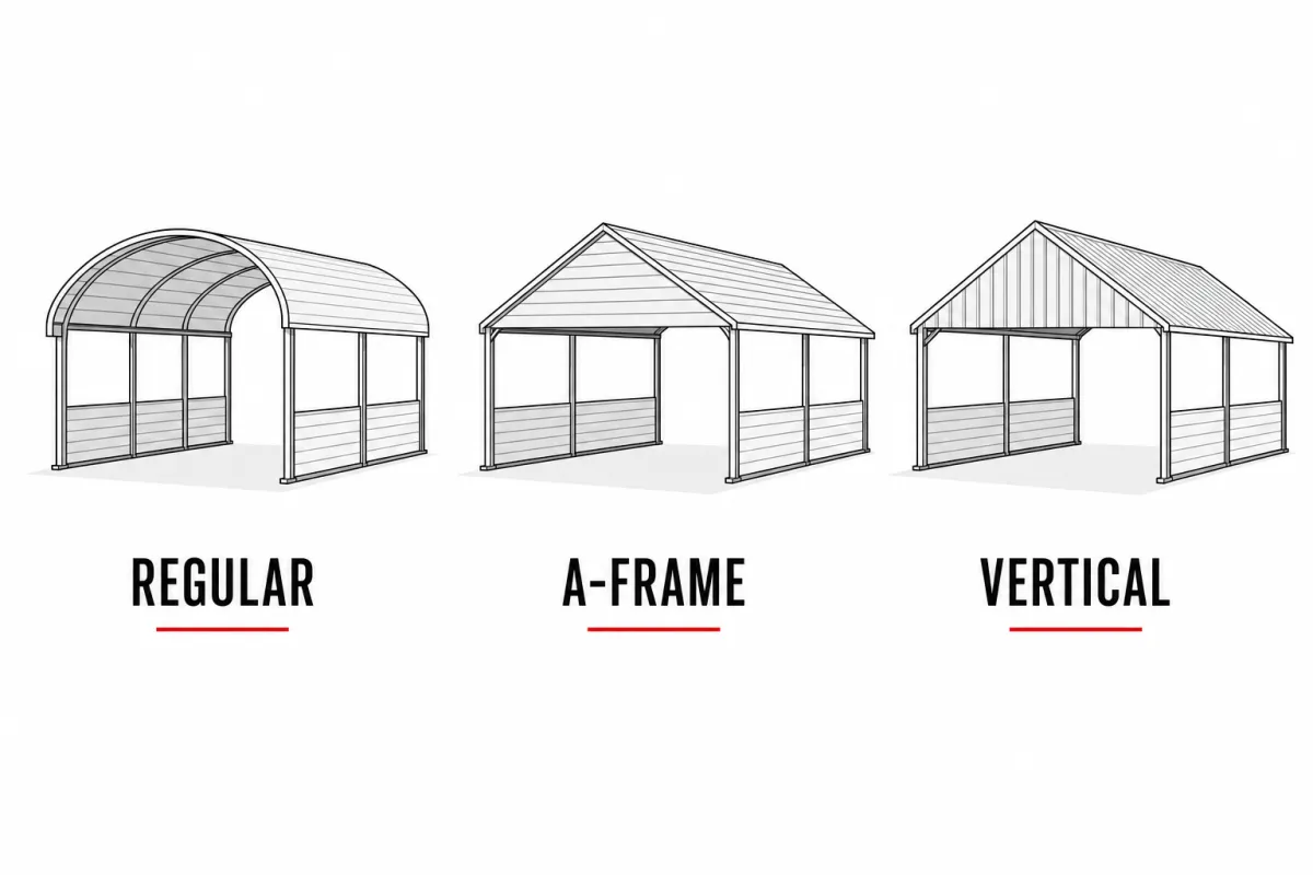 Metal Carport Prices by Size: 12x20 to 30x40 4 Flat infographic comparing regular, A-frame boxed eave, and vertical carport roof styles