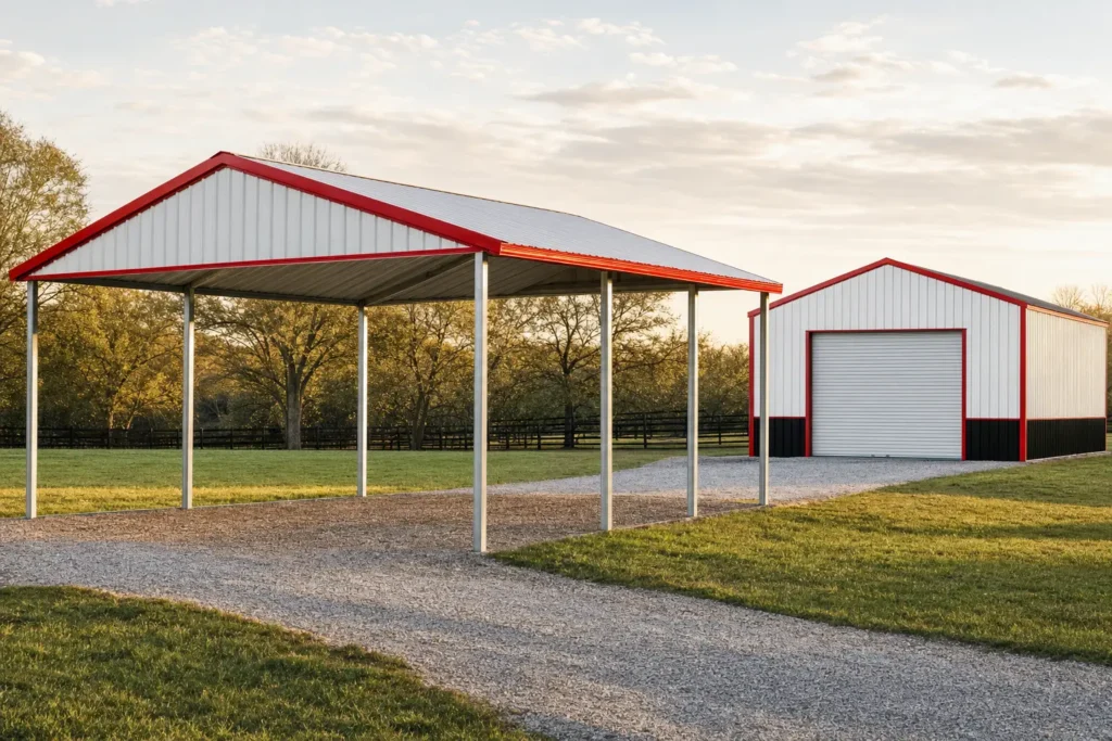 Open metal carport in the foreground with an enclosed metal garage behind it on the same property