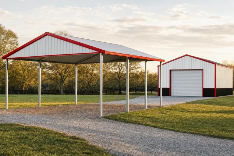 Open metal carport in the foreground with an enclosed metal garage behind it on the same property