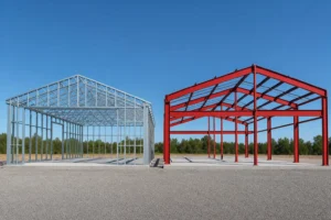 A light-gauge cold-formed steel frame beside a red iron I-beam frame during construction