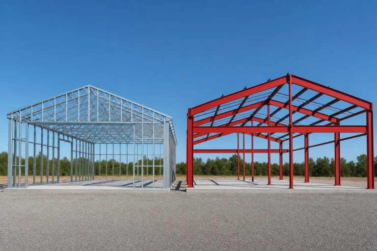 A light-gauge cold-formed steel frame beside a red iron I-beam frame during construction