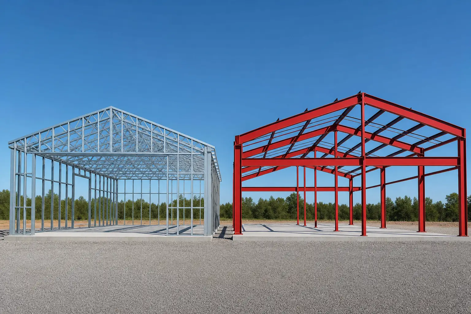 A light-gauge cold-formed steel frame beside a red iron I-beam frame during construction