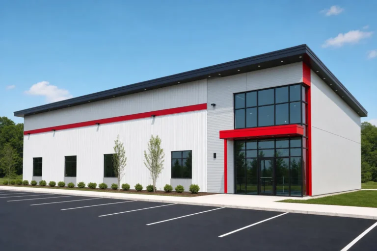 A commercial metal building with a glass storefront section, white panels, gray accents, and red trim