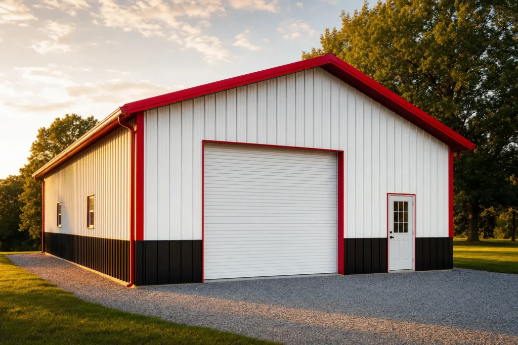 How to Compare Metal Building Quotes Without Getting Burned 6 Finished white steel building with black wainscot and red trim glowing at golden hour