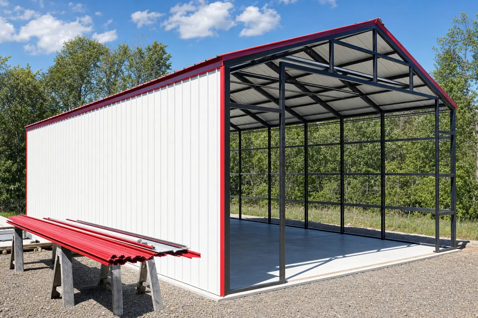 Metal carport partway through enclosure, one side sheeted with wall panels and the other side still open frame