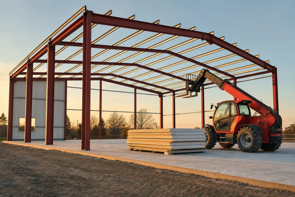 DIY Metal Building Kit vs Hiring a Contractor 16 Partially erected red-iron metal building frame on a concrete slab with a telehandler beside stacked panels