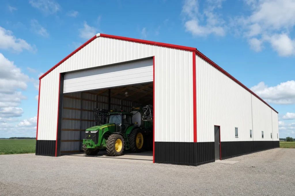 Large white farm equipment metal building with a tall gable-end door open and a tractor parked inside