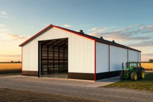 A large farm equipment metal building with an oversized gable-end door, gravel approach, and field behind