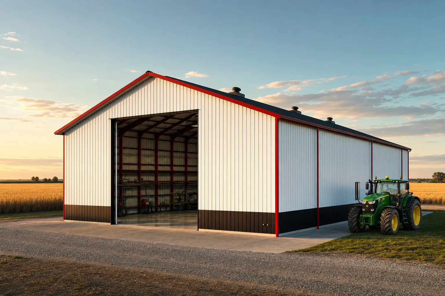 A large farm equipment metal building with an oversized gable-end door, gravel approach, and field behind