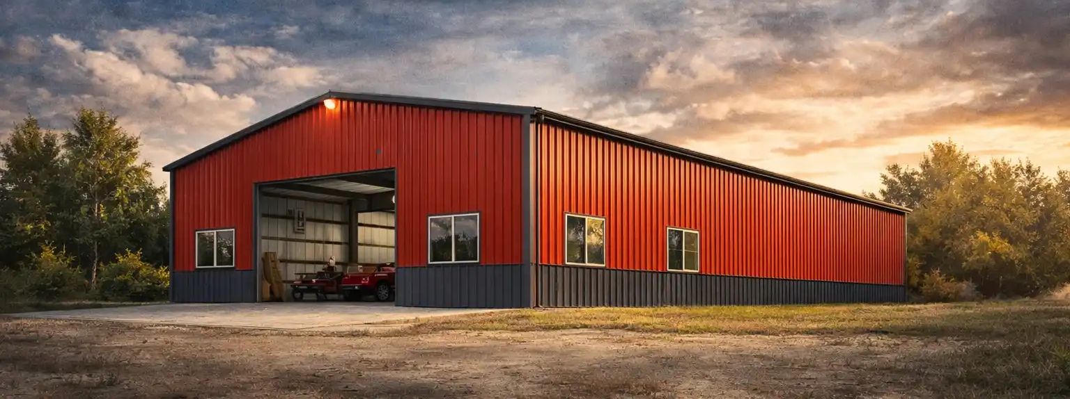 Steel building with white metal siding and red trim
