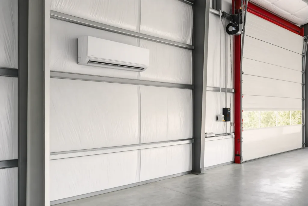Ductless mini-split unit mounted on the insulated interior wall of a metal building workshop
