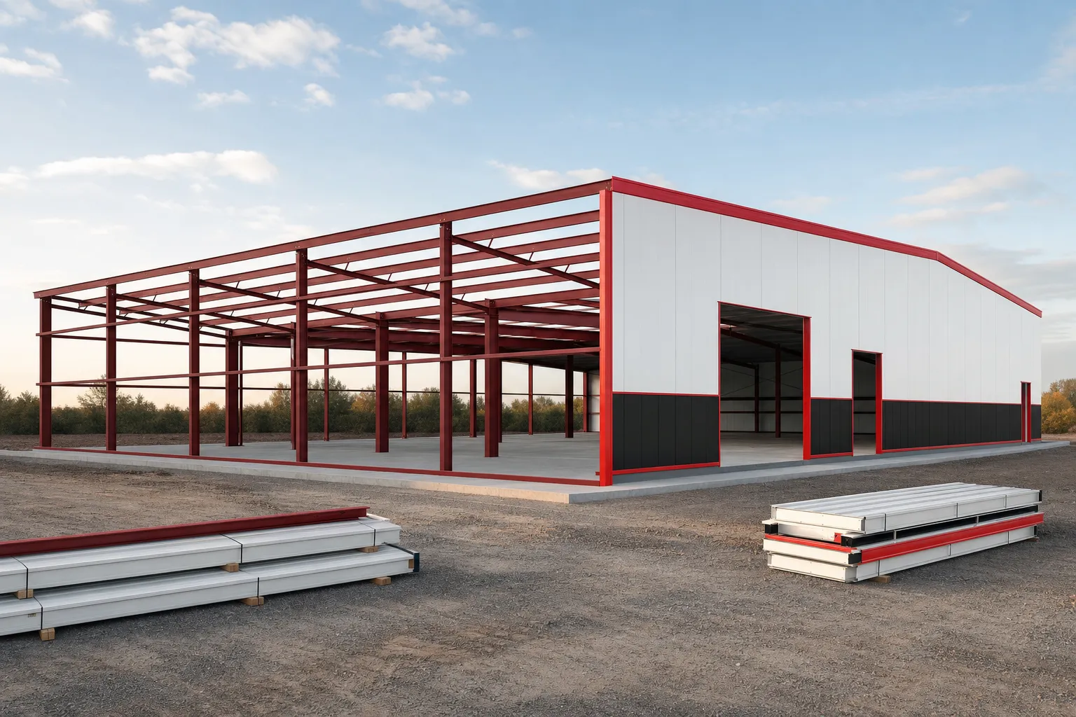 Partially erected steel building with exposed red iron frame on one half and finished white panels on the other