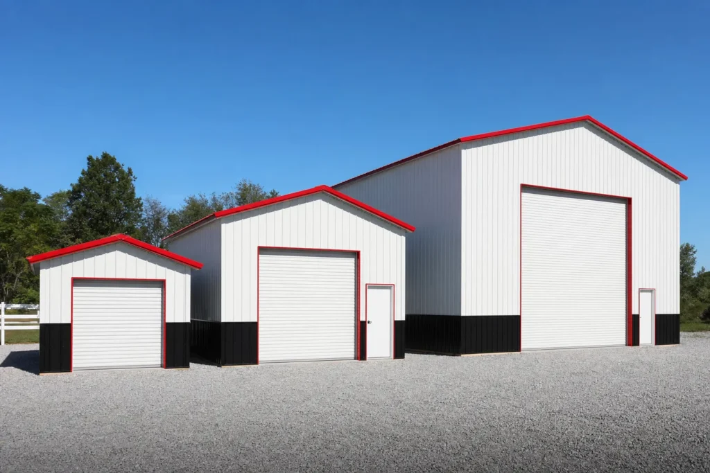 How Much Metal Building Square Footage Do You Need? 10 Three white metal buildings of increasing size side by side, showing the range of square footage options