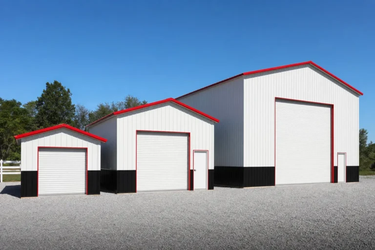Three white metal buildings of increasing size side by side, showing the range of square footage options