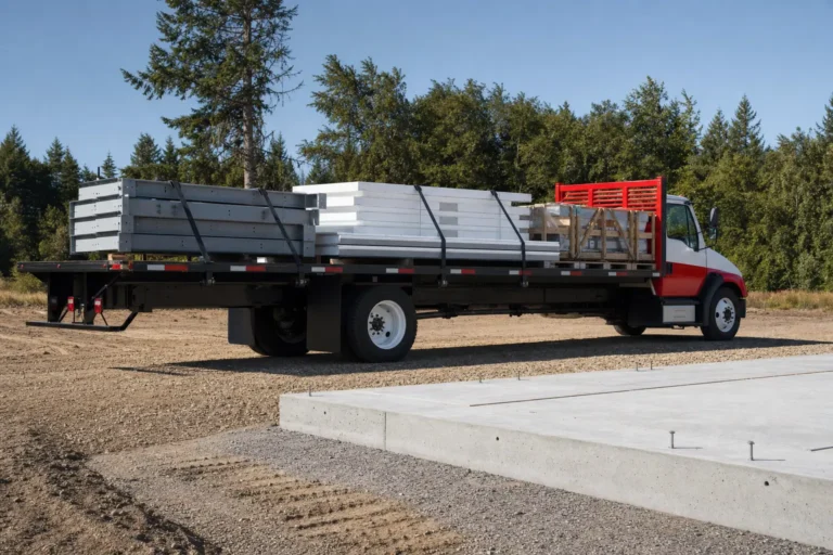 Flatbed truck delivering banded steel building kit bundles beside a prepared concrete slab