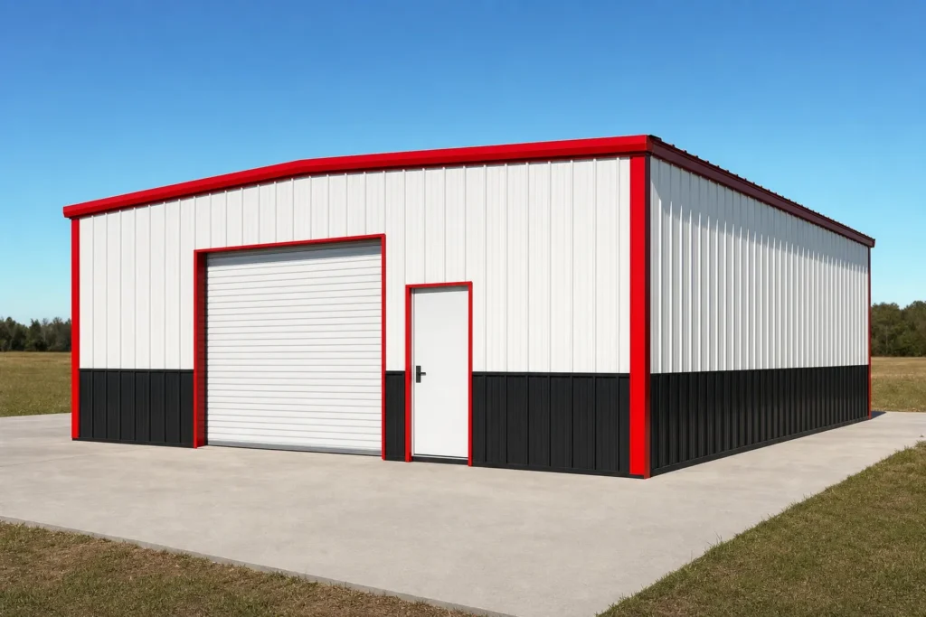How to Save Money on a Metal Building Without Buying the Wrong Building 6 Simple economical standard-size metal building with one roll-up door on a concrete slab
