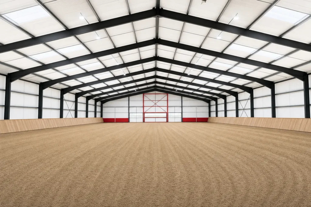 Interior of a clear-span indoor riding arena with groomed sand footing and sloped wooden kick walls