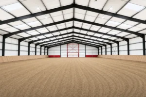 Interior of a clear-span indoor riding arena with groomed sand footing and sloped wooden kick walls