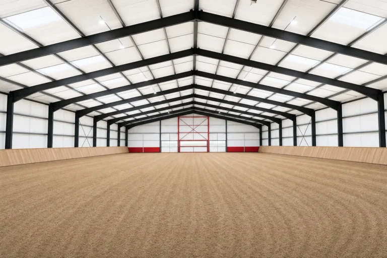 Interior of a clear-span indoor riding arena with groomed sand footing and sloped wooden kick walls