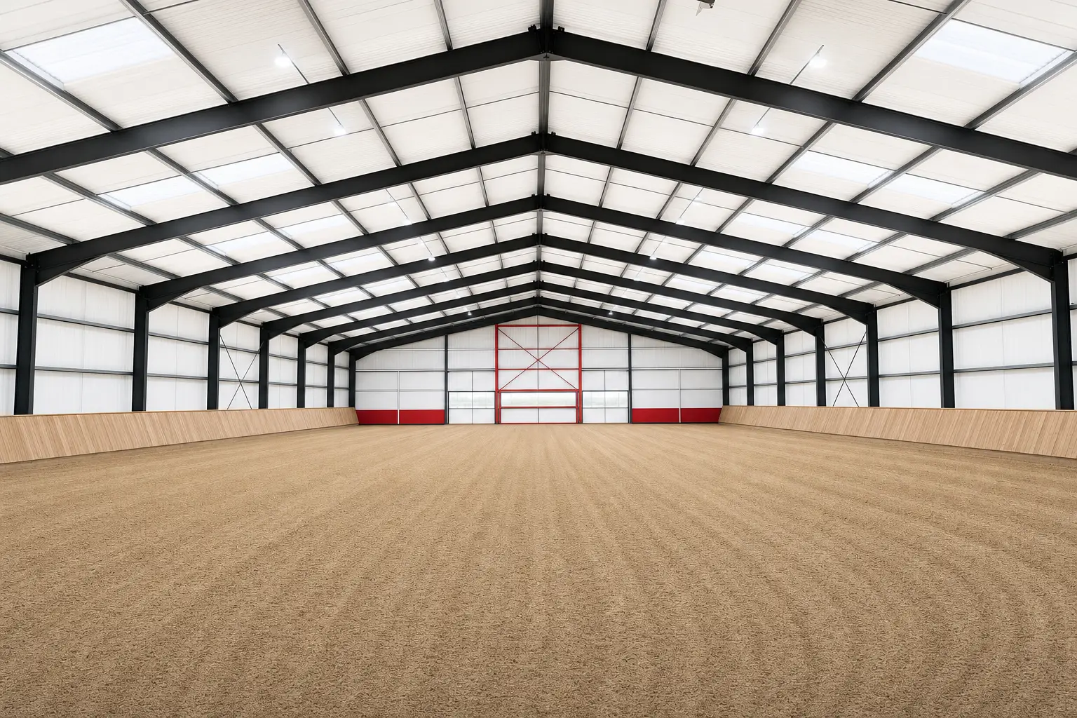 Interior of a clear-span indoor riding arena with groomed sand footing and sloped wooden kick walls