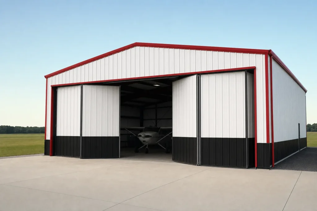 White metal airplane hangar with red trim and a wide bifold door partially open over a concrete apron