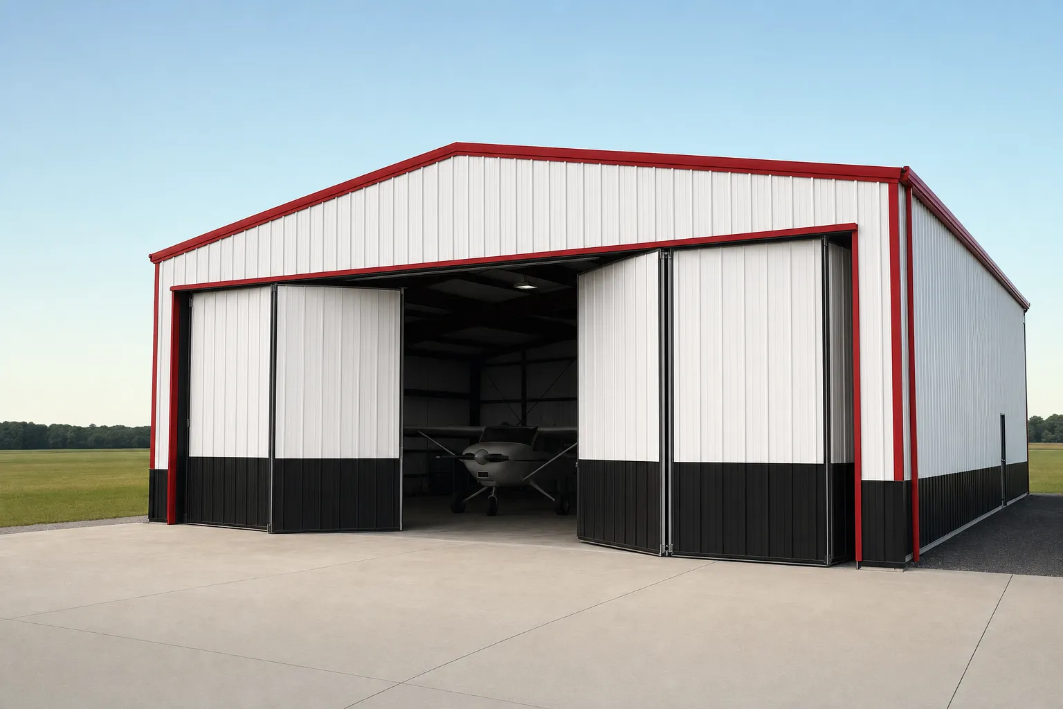 White metal airplane hangar with red trim and a wide bifold door partially open over a concrete apron