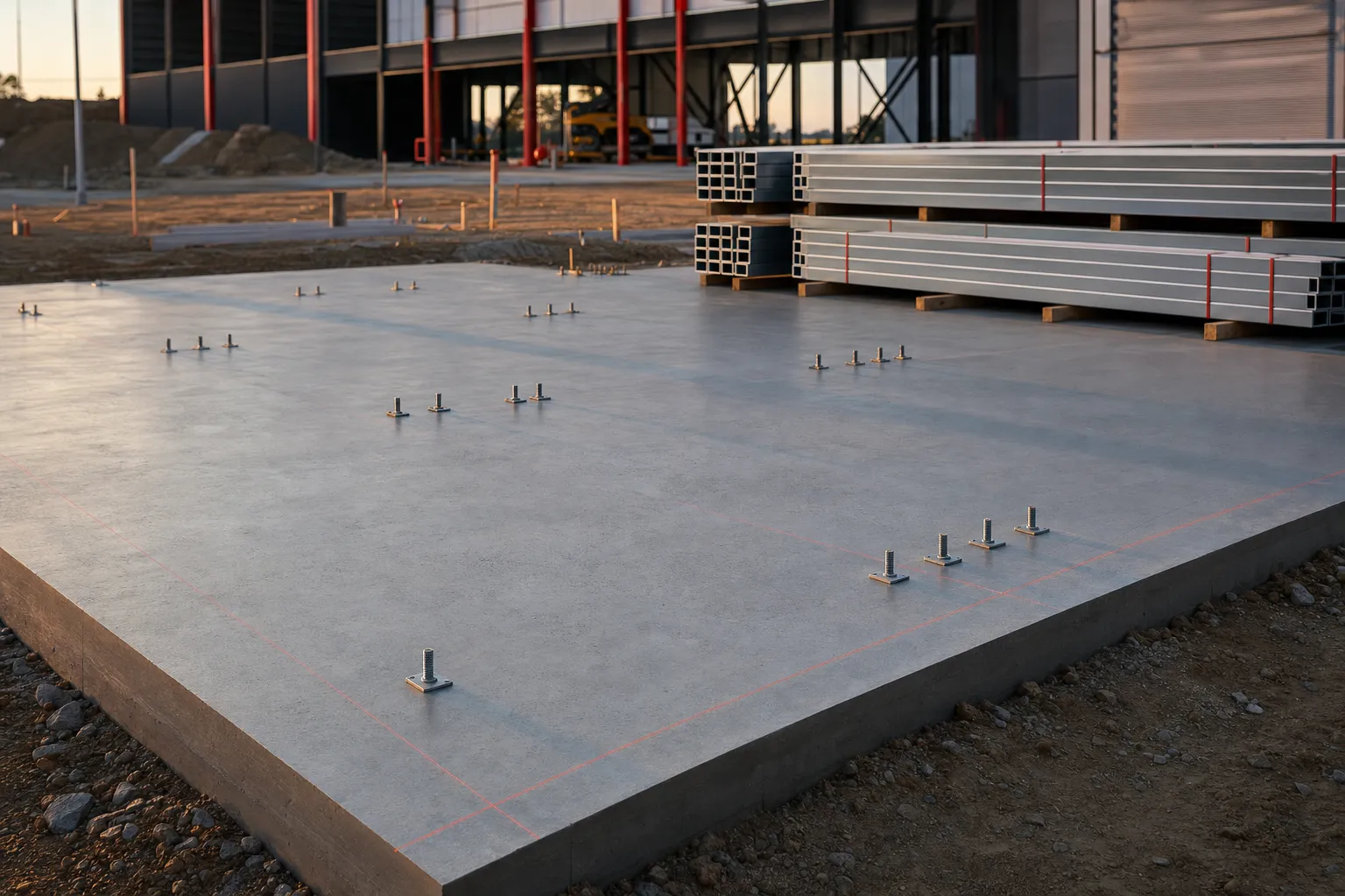 Cured concrete slab with anchor bolts set, steel building kit staged at the edge ready for erection