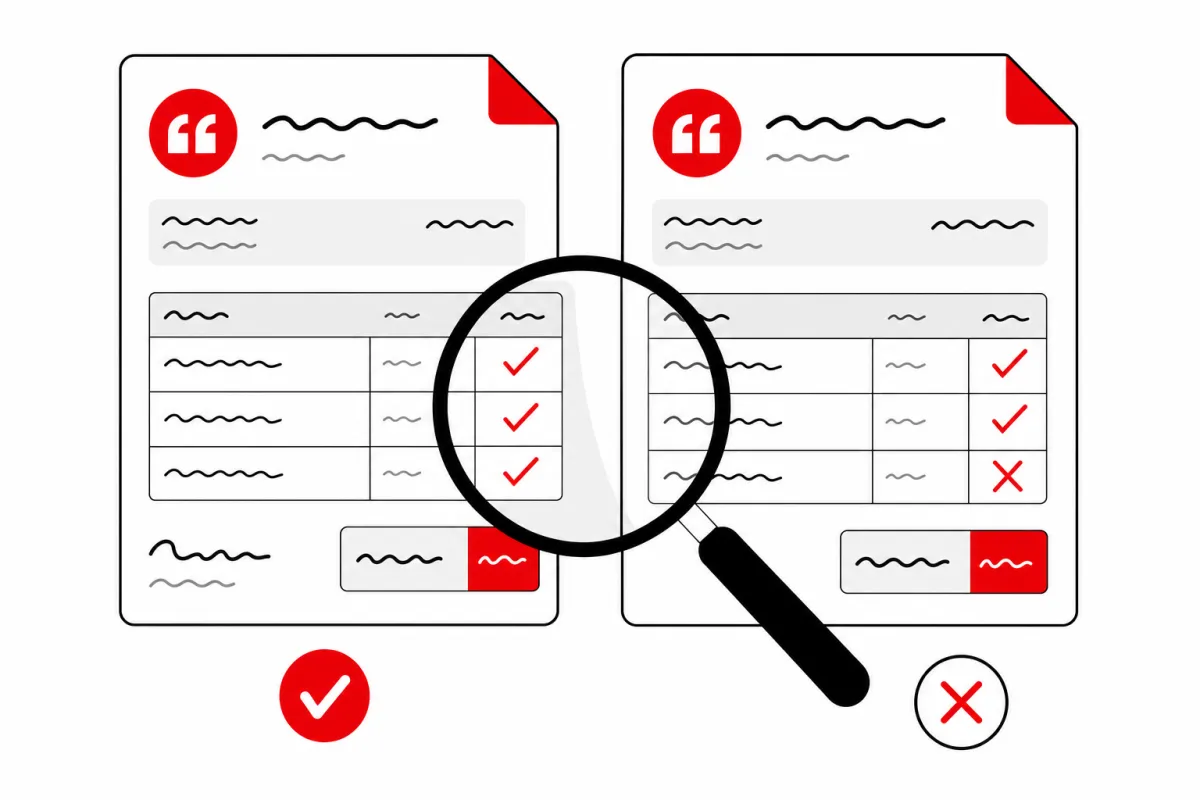 Two quote documents compared side by side with checkmarks and a red X, illustrating metal building buying decisions