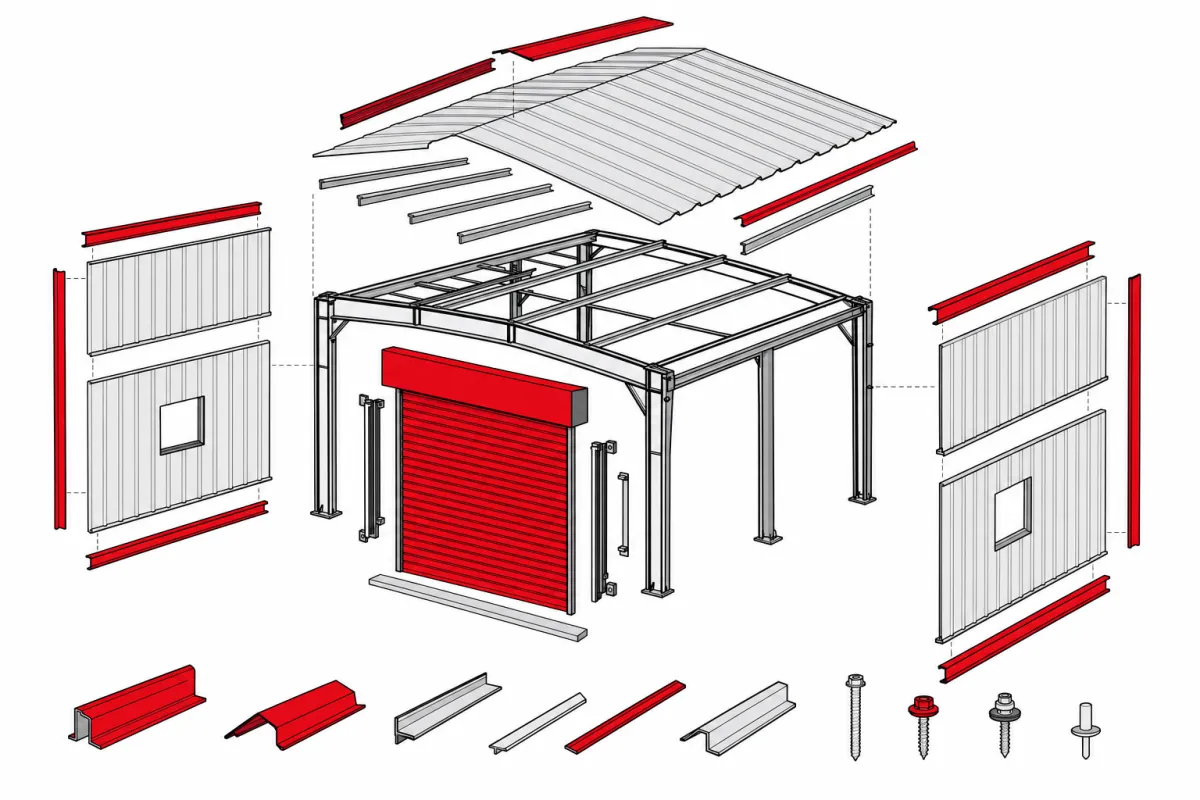 Metal Building Erection Cost: Labor, Crew Size, and Project Timeline 4 Exploded diagram of the metal building components an erection crew assembles, from frames to trim