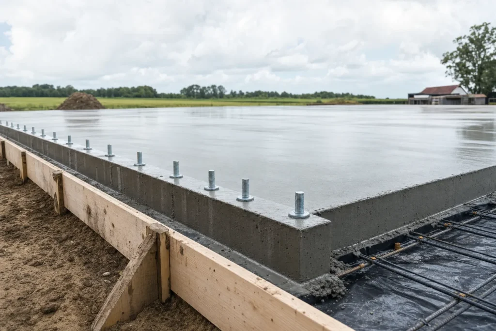 Metal Building Concrete Slab Cost: Thickness, Reinforcement, and Budget 12 Freshly poured concrete slab for a metal building with anchor bolts set along the thickened edge