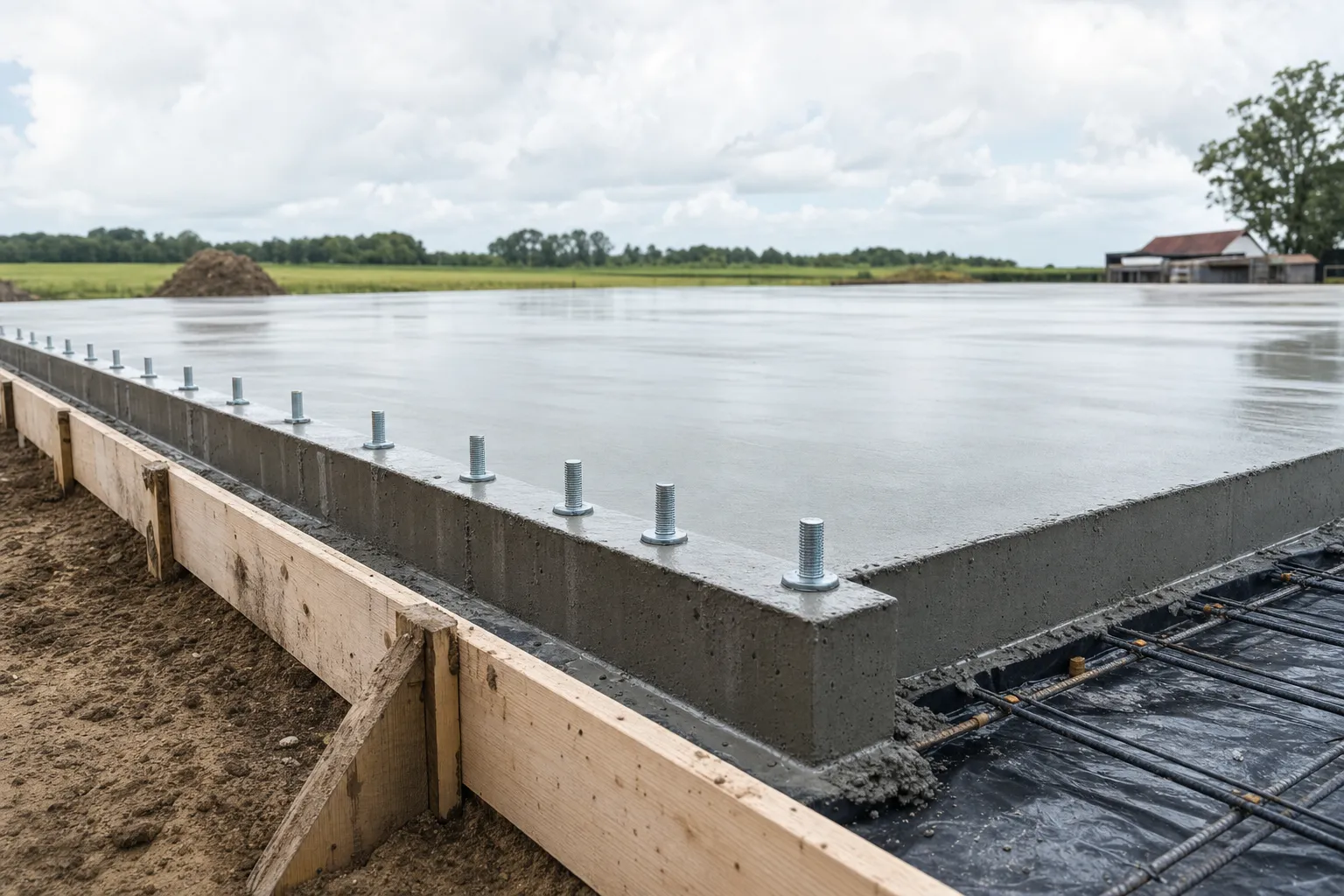 Freshly poured concrete slab for a metal building with anchor bolts set along the thickened edge