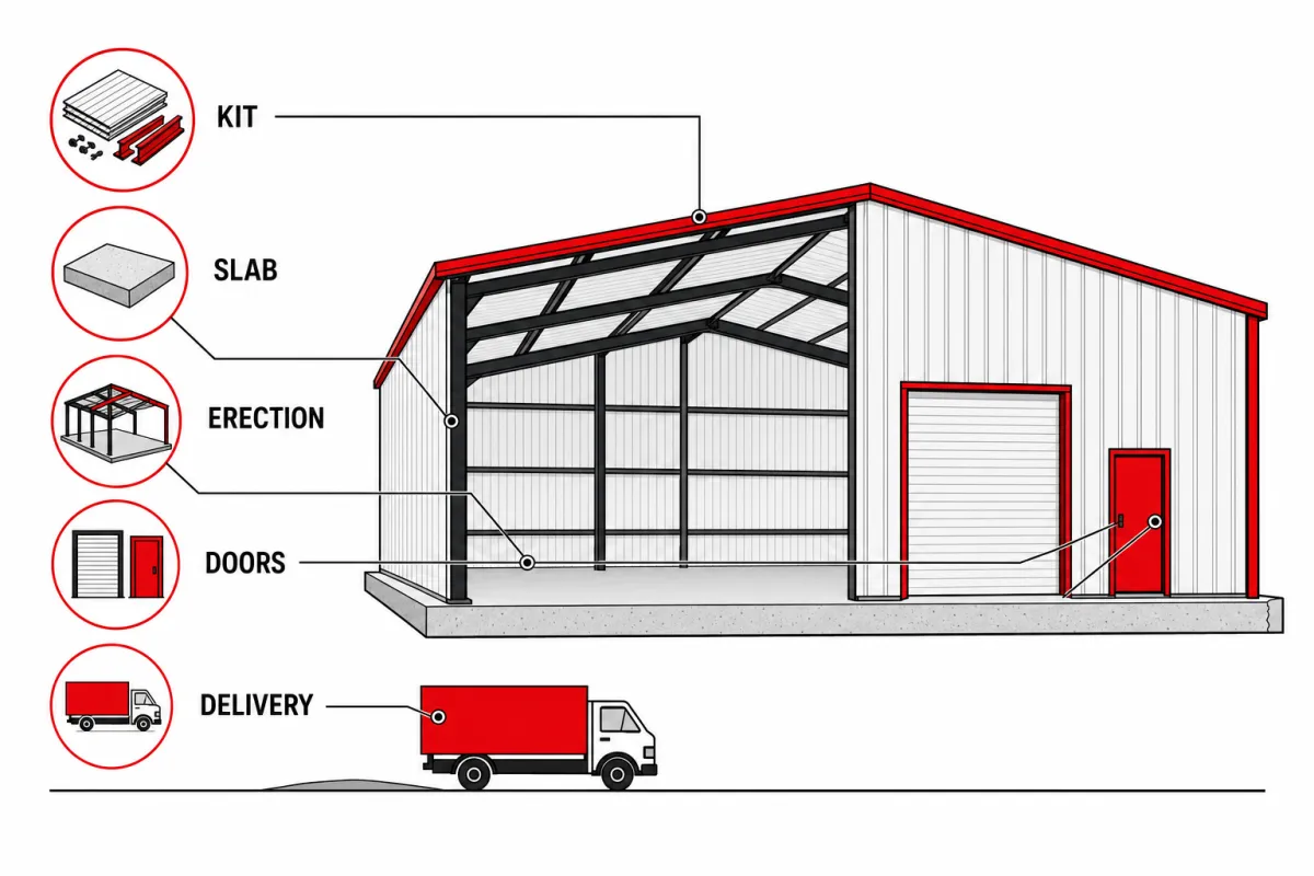 Cutaway diagram of a metal building showing the five cost buckets from steel kit through foundation, erection, and options