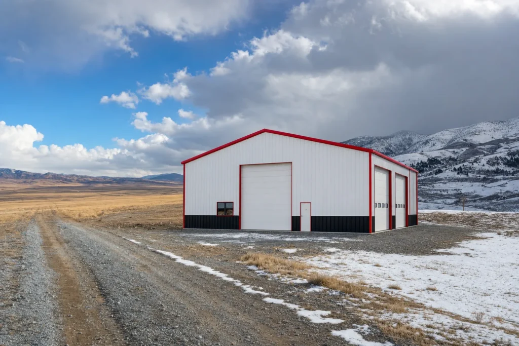How Location Changes Metal Building Costs: Regional Factors Explained 2 White steel building with red trim on an open rural site with sunny plains on one side and snowy foothills on the other