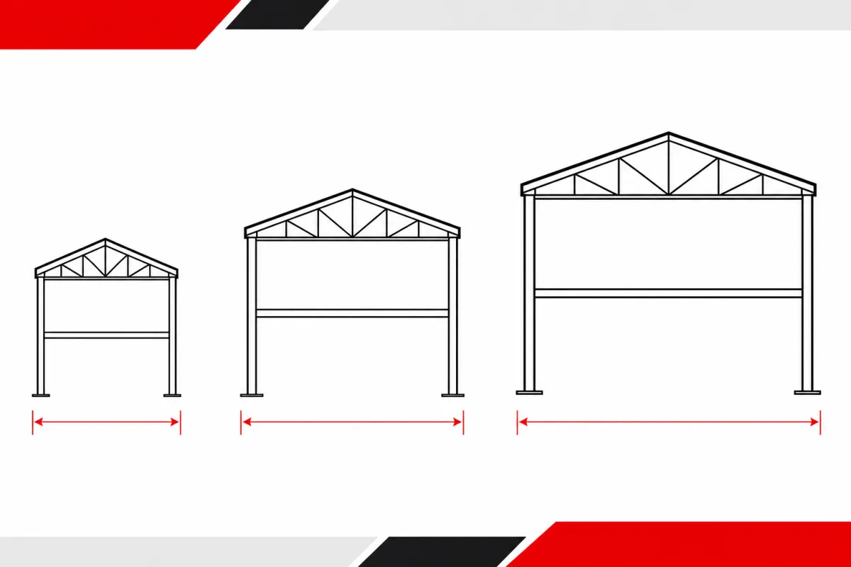 Three steel building silhouettes in ascending size with dimension arrows, illustrating metal building cost by size