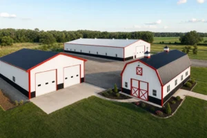 Aerial view of a garage, barn, and warehouse steel building on one property, illustrating metal building cost by use