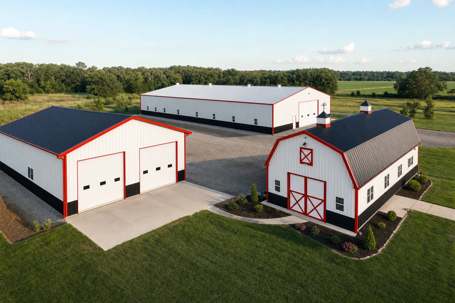 Aerial view of a garage, barn, and warehouse steel building on one property, illustrating metal building cost by use