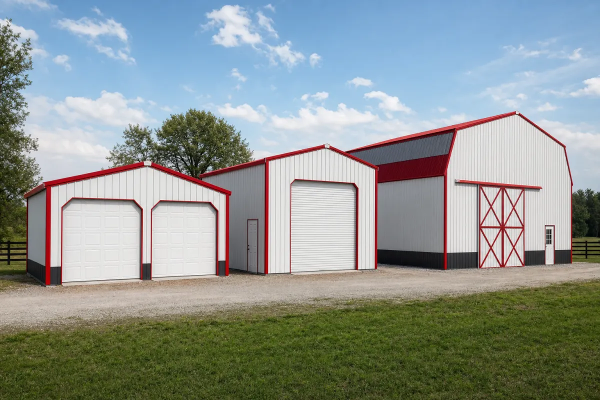 Metal Building Cost by Use: Garage, Shop, Barn, Warehouse, and Home 4 Three metal buildings of different types side by side: garage, workshop barn, and warehouse