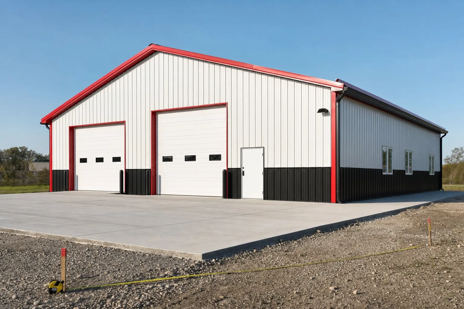White steel workshop building with black wainscot and red trim on a new concrete slab with survey stakes in the foreground